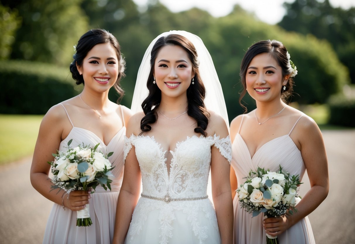 The bride stands at the center, with the maid of honor standing closest to her