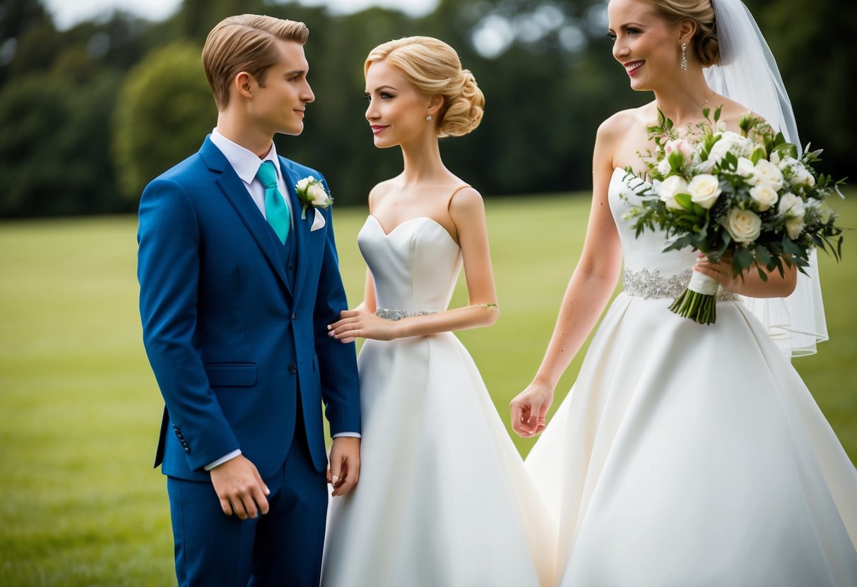 A figure in a matching dress stands next to the bride, coordinating their appearance