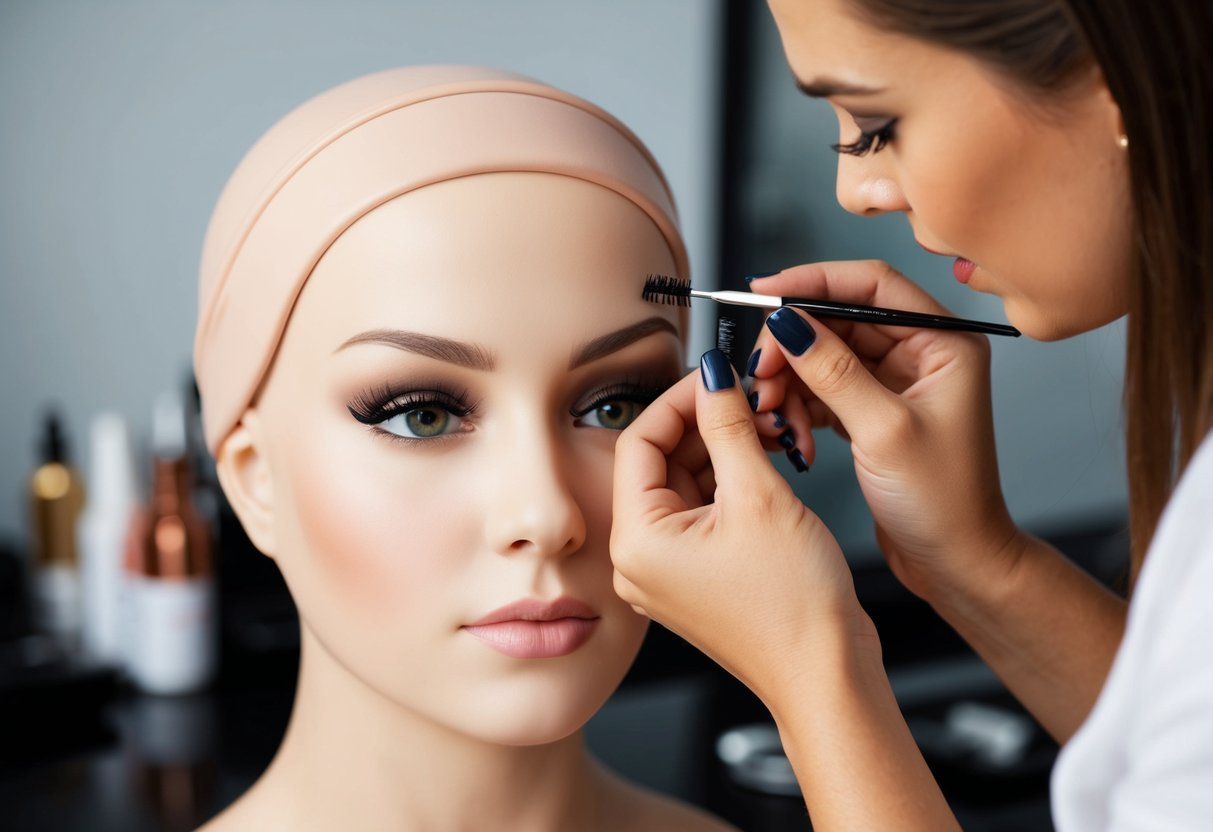 A makeup artist applying false eyelashes to a mannequin head