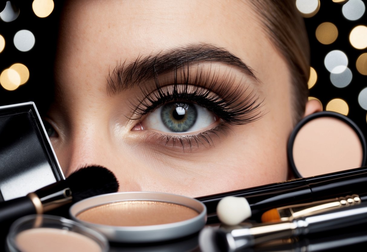 A woman's eye with long, wispy false eyelashes, surrounded by makeup tools and products, reflecting elegance and glamour