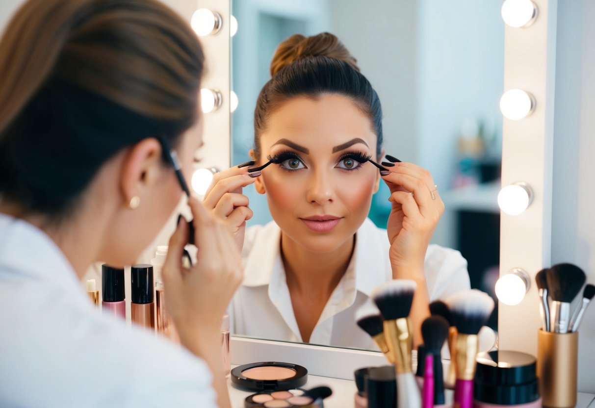 A woman applying false eyelashes in front of a mirror, surrounded by makeup and beauty products, with a look of concentration and determination on her face