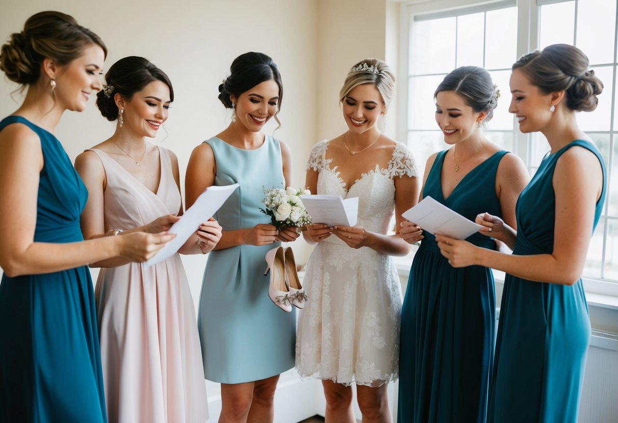 Bridesmaids holding various wedding-related items, including dresses, shoes, and accessories, while looking at a price list and discussing payment