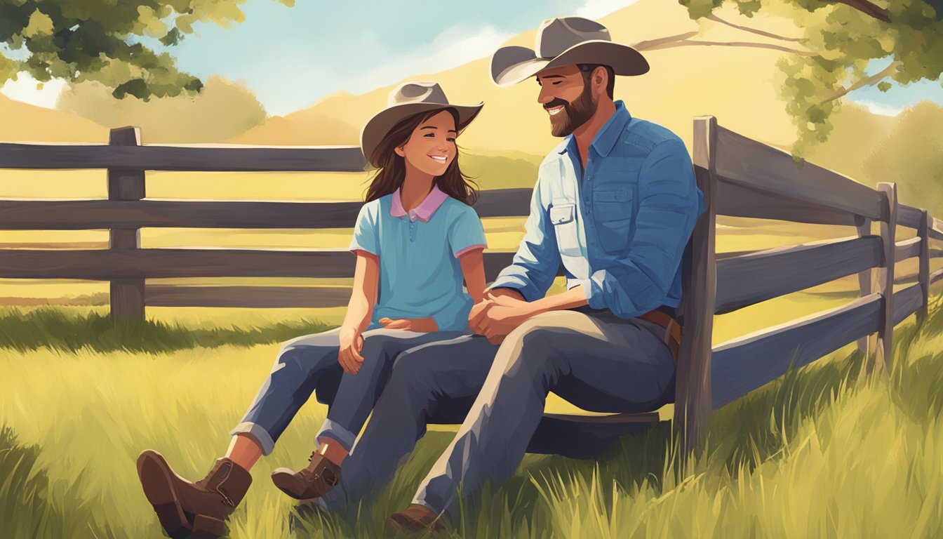 A father and daughter enjoying a sunny afternoon on a ranch