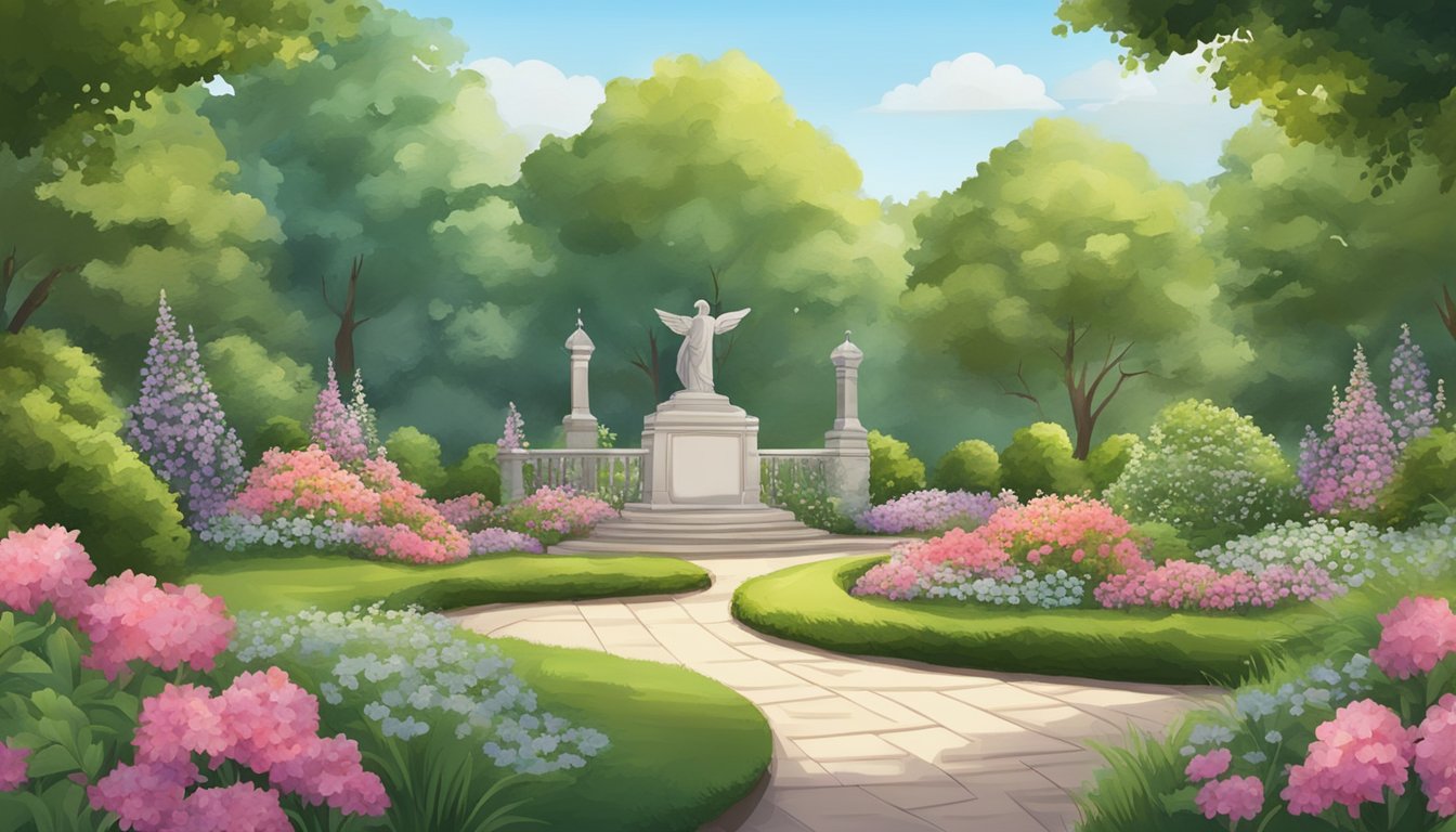 A serene garden with a memorial plaque surrounded by blooming flowers and trees