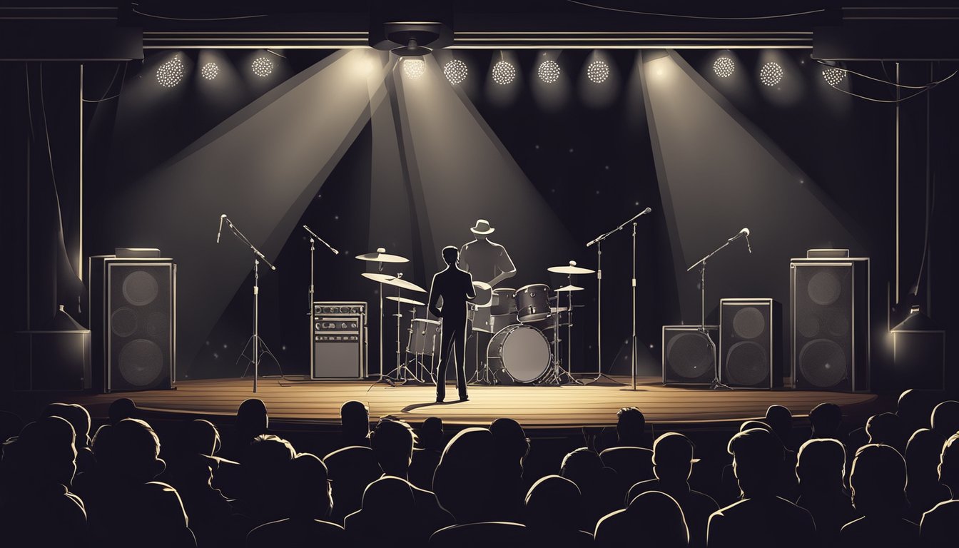 A country music stage with a lone microphone under a spotlight. Audience silhouettes in the dark