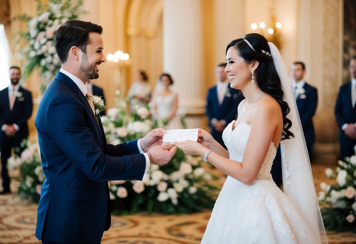 A man in a suit hands over a check to a smiling woman in a wedding dress. They stand in a grand, opulent ballroom filled with flowers and decorations