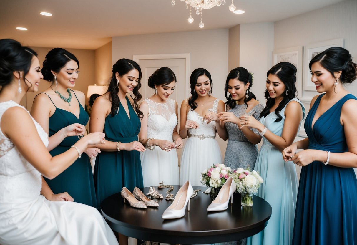 A group of bridesmaids gather around a table, trying on dresses and selecting accessories. Some are holding up jewelry and shoes, while others are comparing different styles of dresses