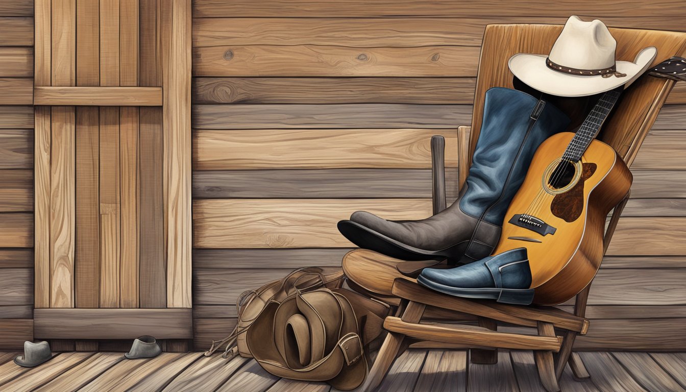 A rustic guitar resting on a weathered wooden chair, surrounded by cowboy hats and a pair of well-worn boots