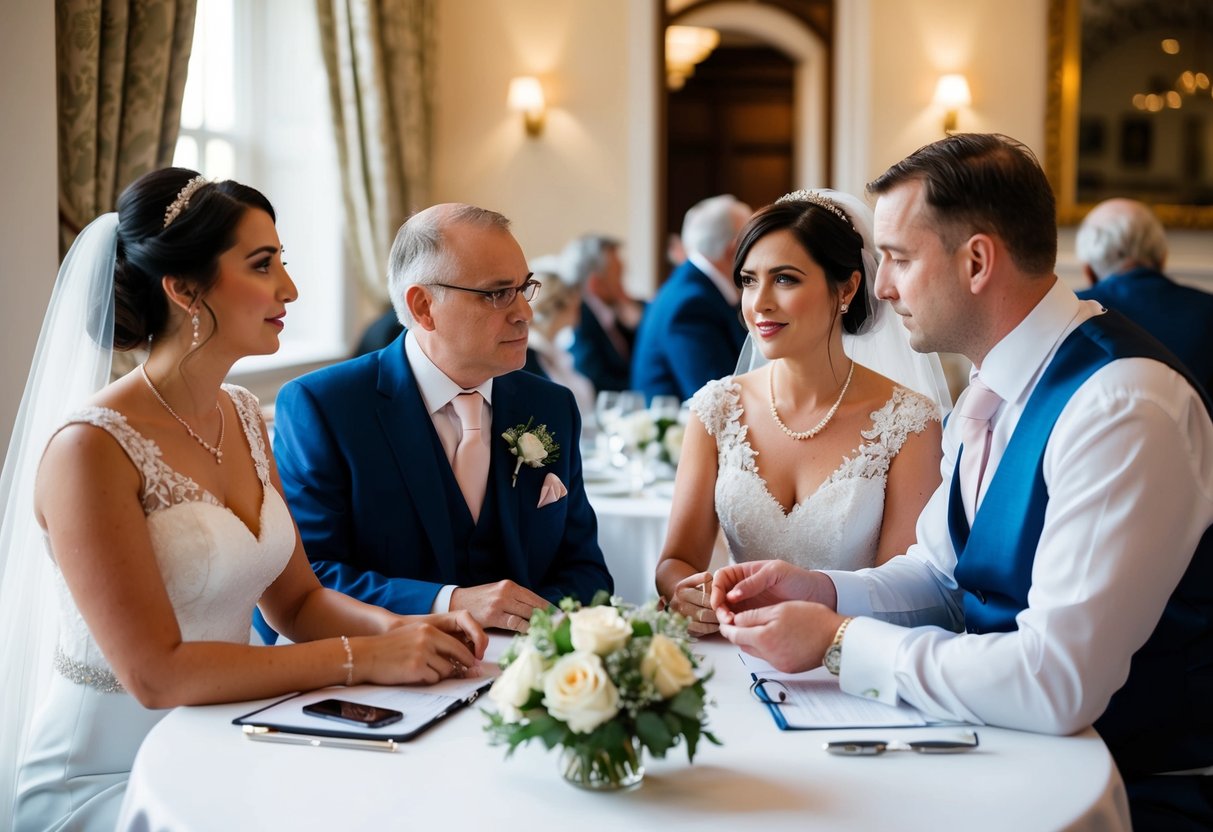 A traditional wedding scene in the UK, with the bride's family and groom's family discussing and negotiating the financial responsibilities for the wedding