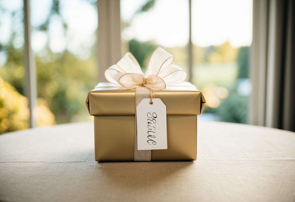 A beautifully wrapped gift box sits on a table, adorned with a delicate bow and a tag with the bride's name