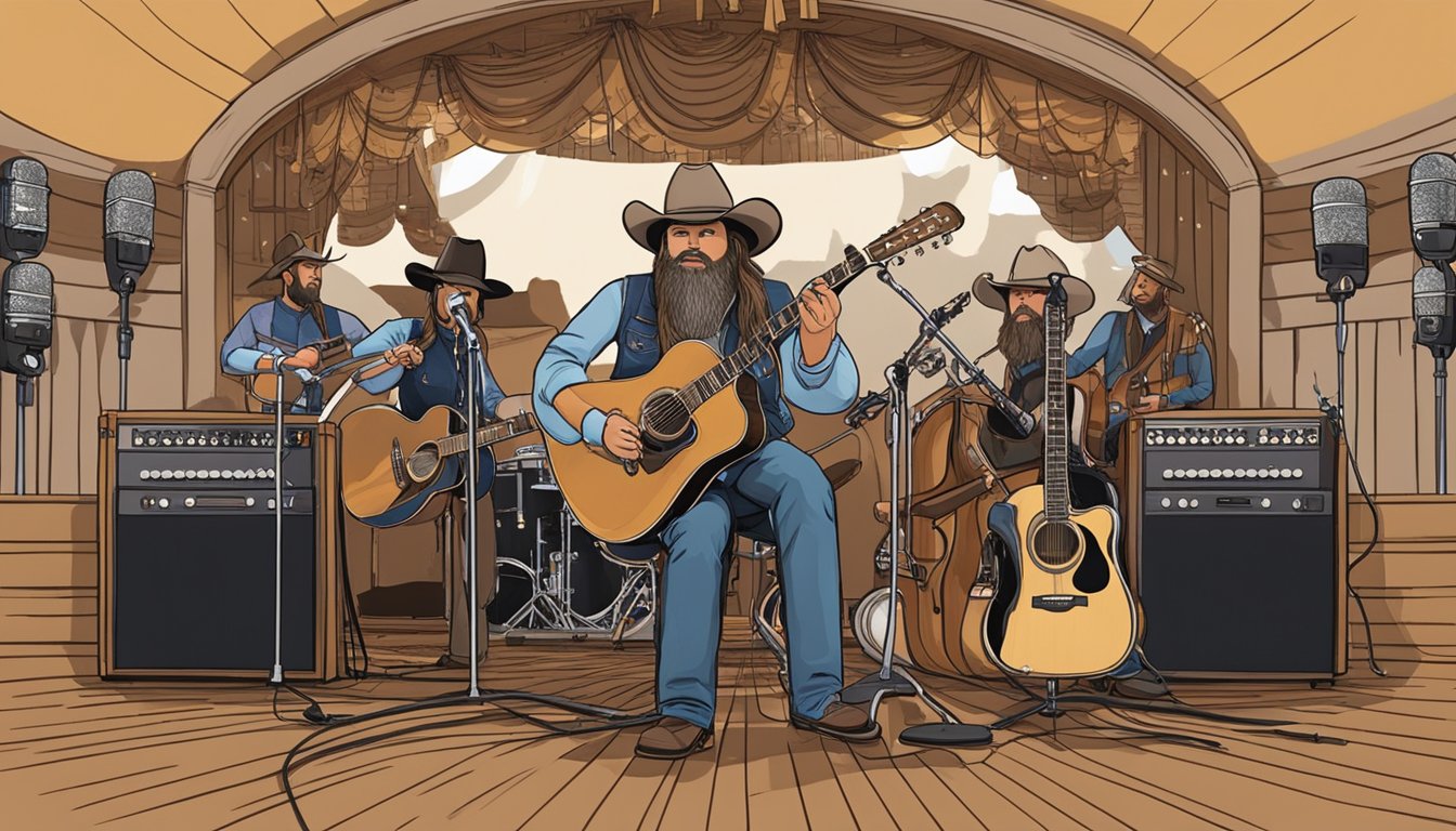 A stage with a spotlight on two microphones, surrounded by instruments and cowboy hats, symbolizing the legacy and impact of George Strait and Chris Stapleton on country music