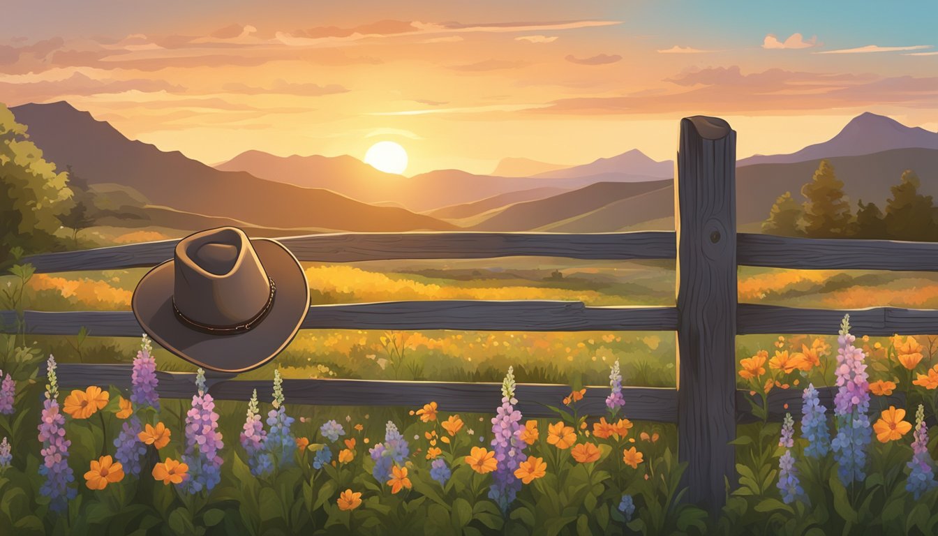 A cowboy hat resting on a weathered wooden fence post, surrounded by wildflowers and a distant sunset