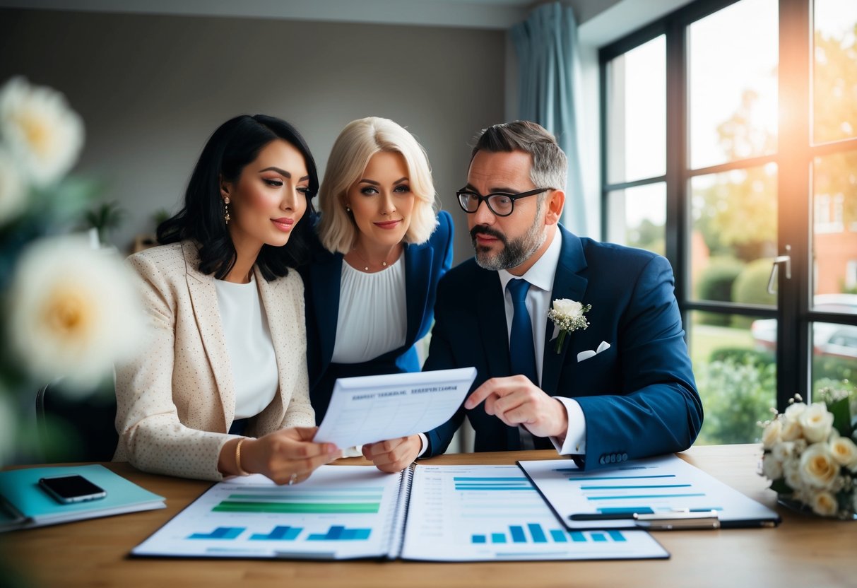 A couple reviewing a budget spreadsheet with a wedding planner, discussing payment options and financial responsibilities for their daughter's upcoming wedding in the UK