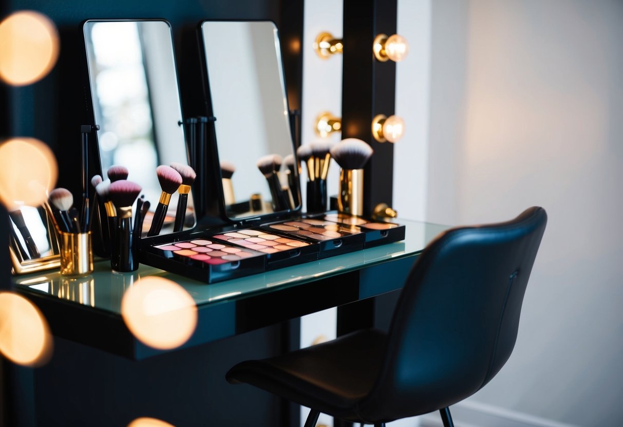 A makeup artist's table with brushes, palettes, and mirrors. A chair set up in front of the table