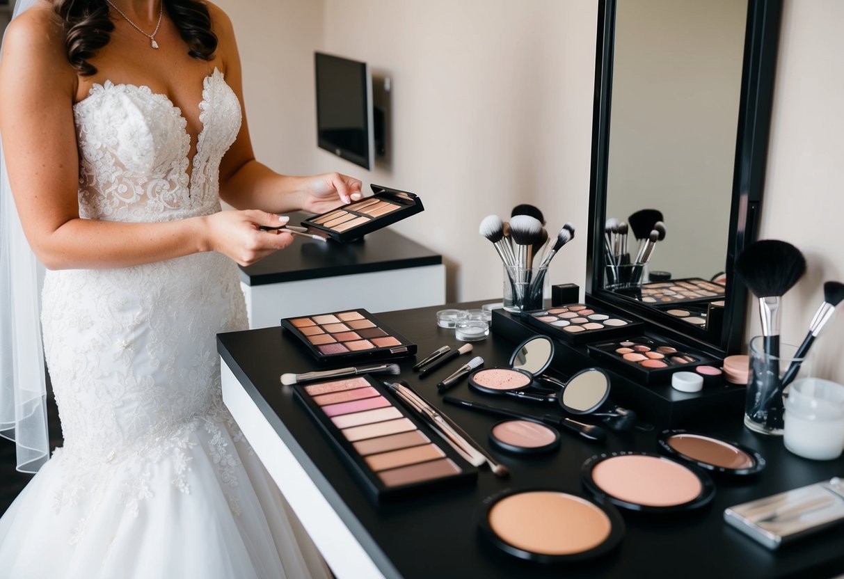 A makeup artist's table with brushes, palettes, and mirrors, surrounded by bridal accessories and a wedding gown