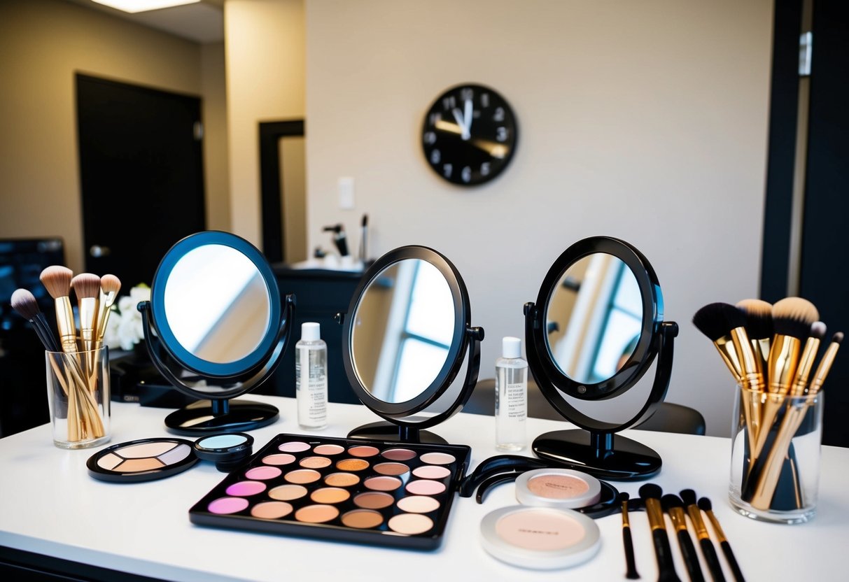 A makeup artist's station with brushes, palettes, and mirrors set up for a bridal party. A clock on the wall shows the passing time