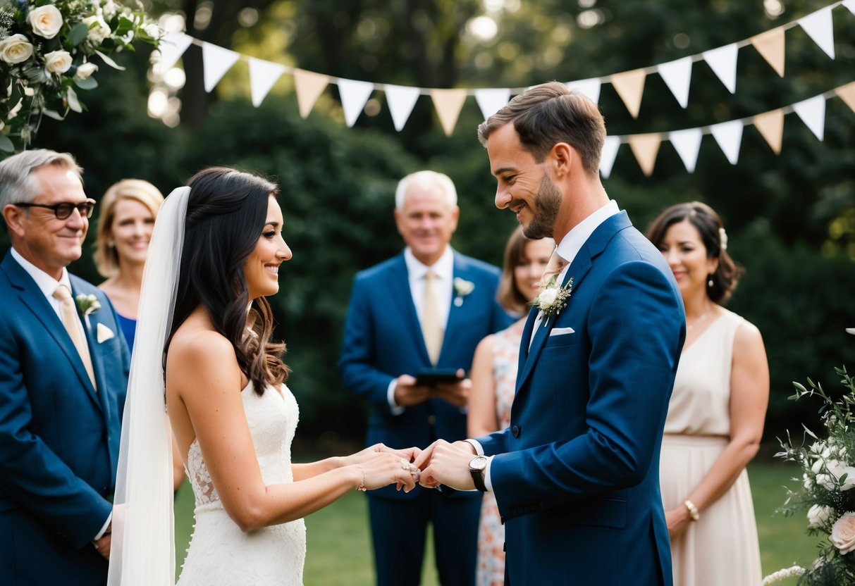 A couple exchanging rings in a simple garden ceremony with minimal decorations and a small group of close family and friends