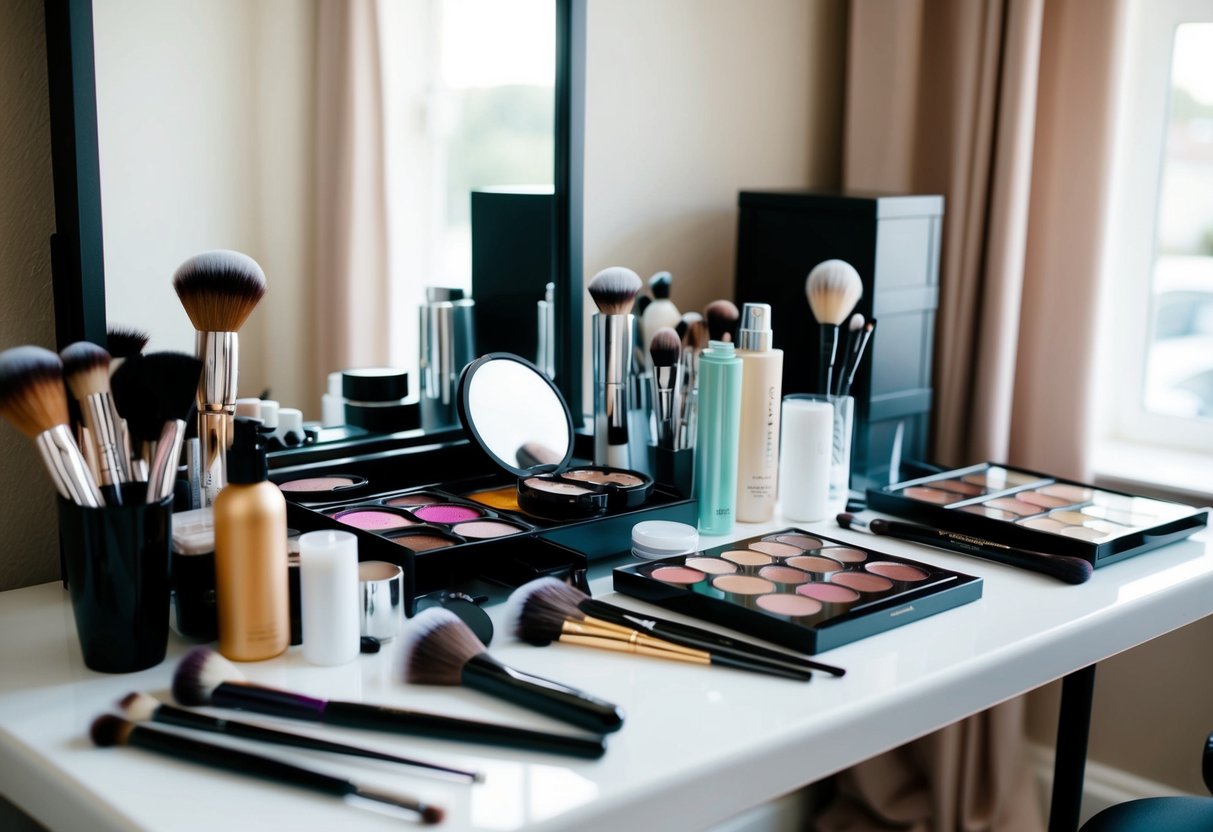 A makeup artist's table with various products and tools, including brushes, palettes, and mirrors, set up for a wedding makeup application