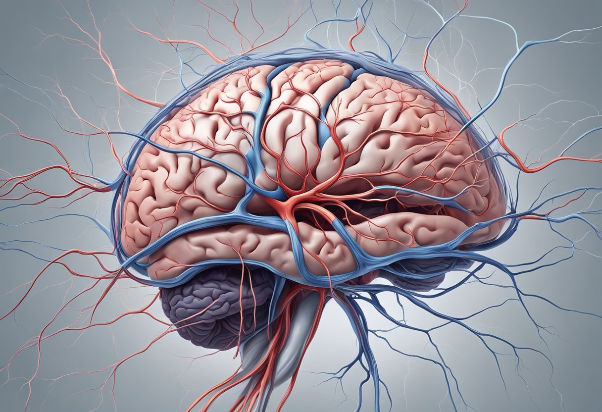 Un vaisseau sanguin saillant dans un cerveau, entouré de délicates voies neuronales et pulsant de danger potentiel