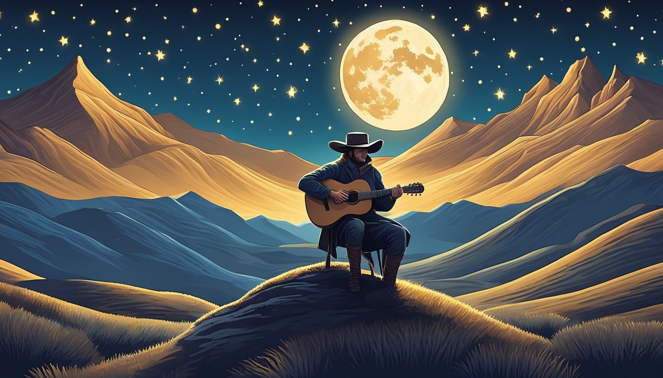 A lone troubadour performs under a starry night sky, surrounded by rolling hills and a glowing moon