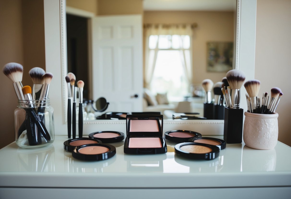 A bride's makeup sits on a vanity, surrounded by brushes and a mirror. A soft, romantic color palette is laid out, ready to be applied