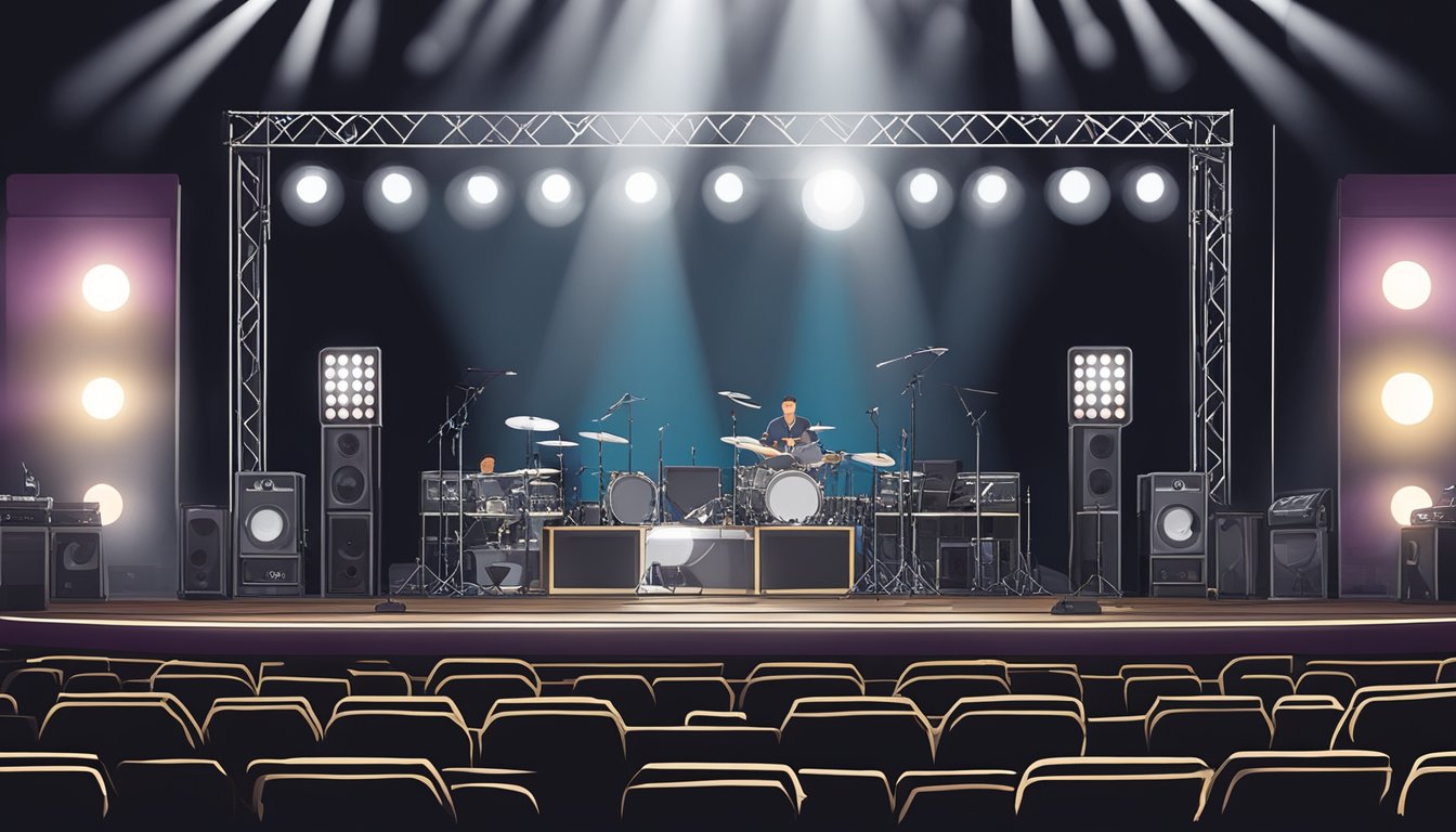 A stage with instruments and microphones set up for a George Strait concert, with a spotlight shining on the empty stage