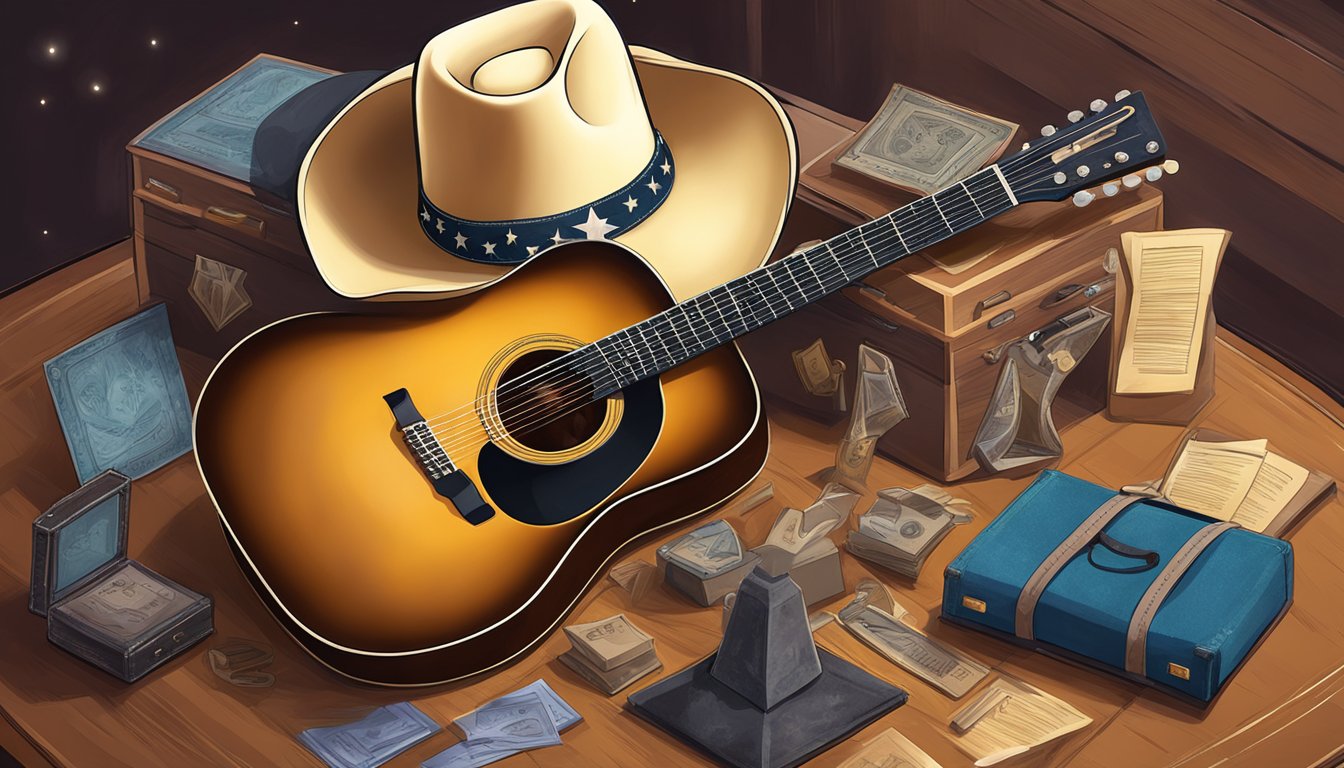 A cowboy hat resting on a guitar case, surrounded by awards and glowing reviews