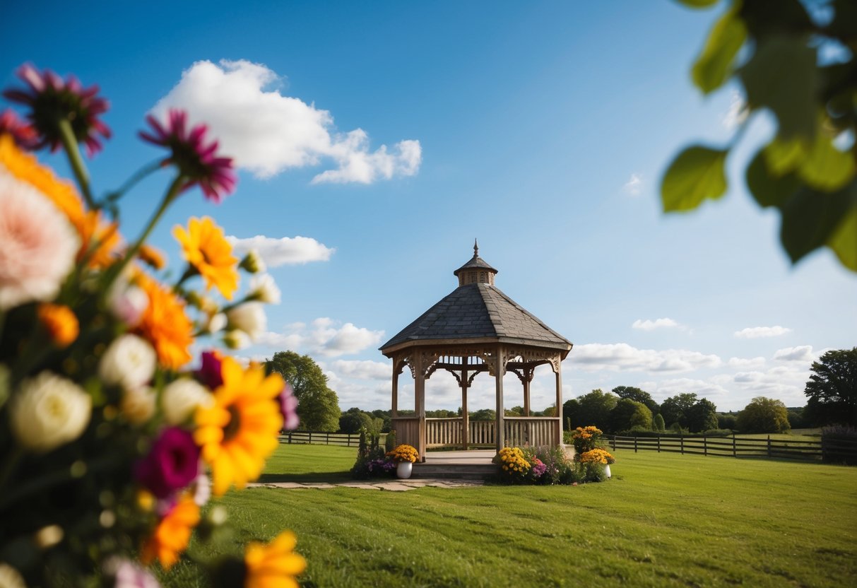 A charming countryside wedding with colorful flowers, rustic decor, and a quaint gazebo under a sunny sky