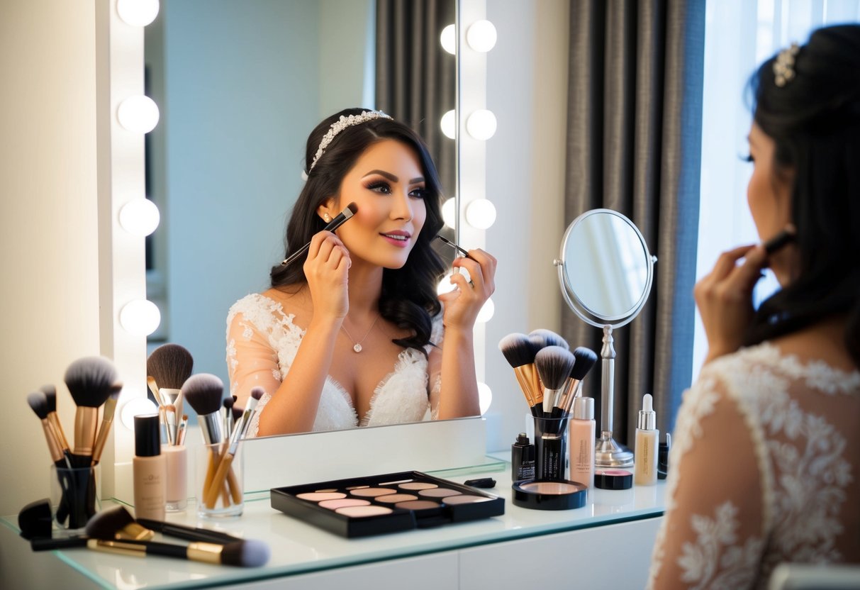A bride's makeup being applied in a well-lit room with a mirror, makeup products, and brushes scattered across a vanity table
