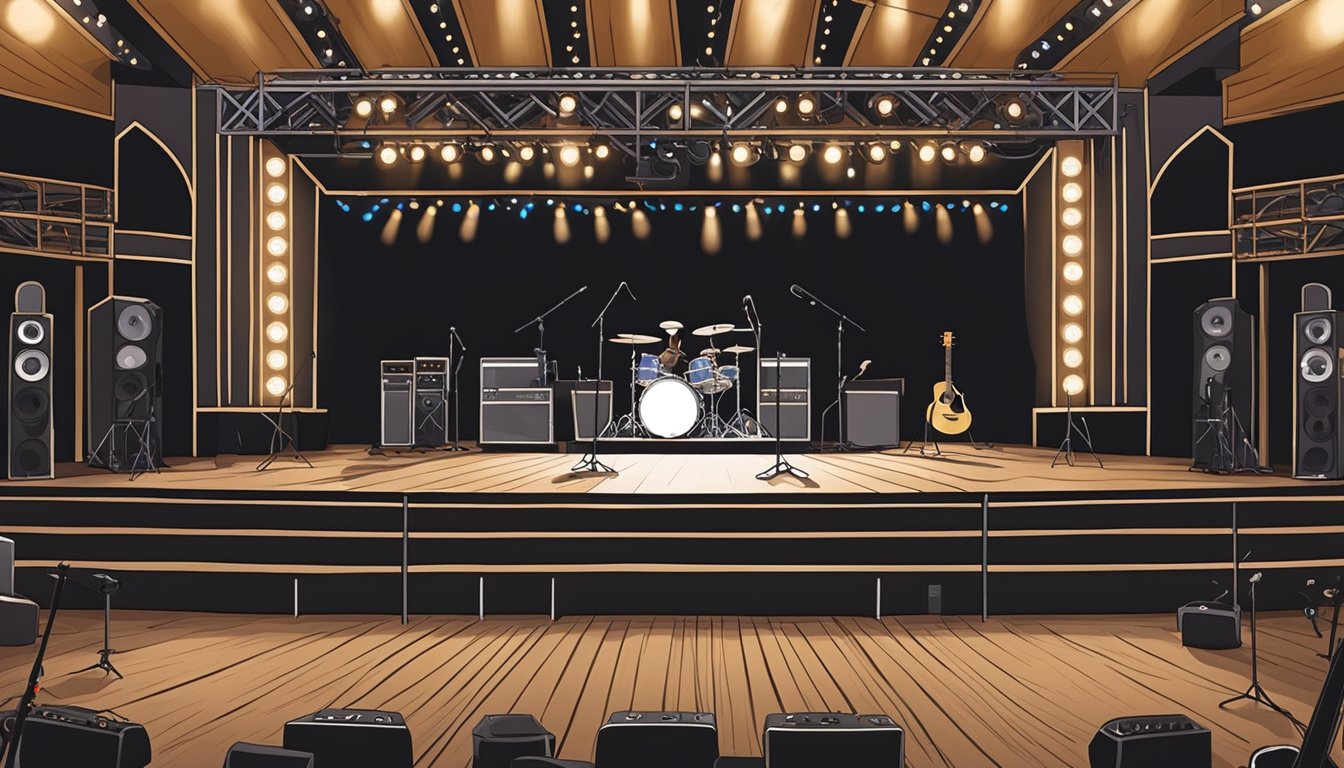 A stage with instruments, microphones, and spotlights, ready for a George Strait concert