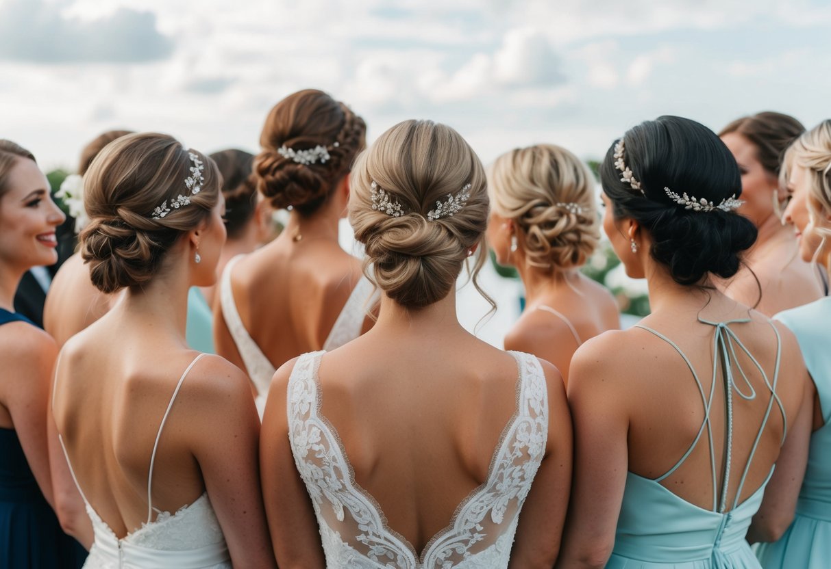 A group of wedding guests with various hairstyles, including elegant updos, sleek ponytails, and loose waves, all adorned with delicate hair accessories