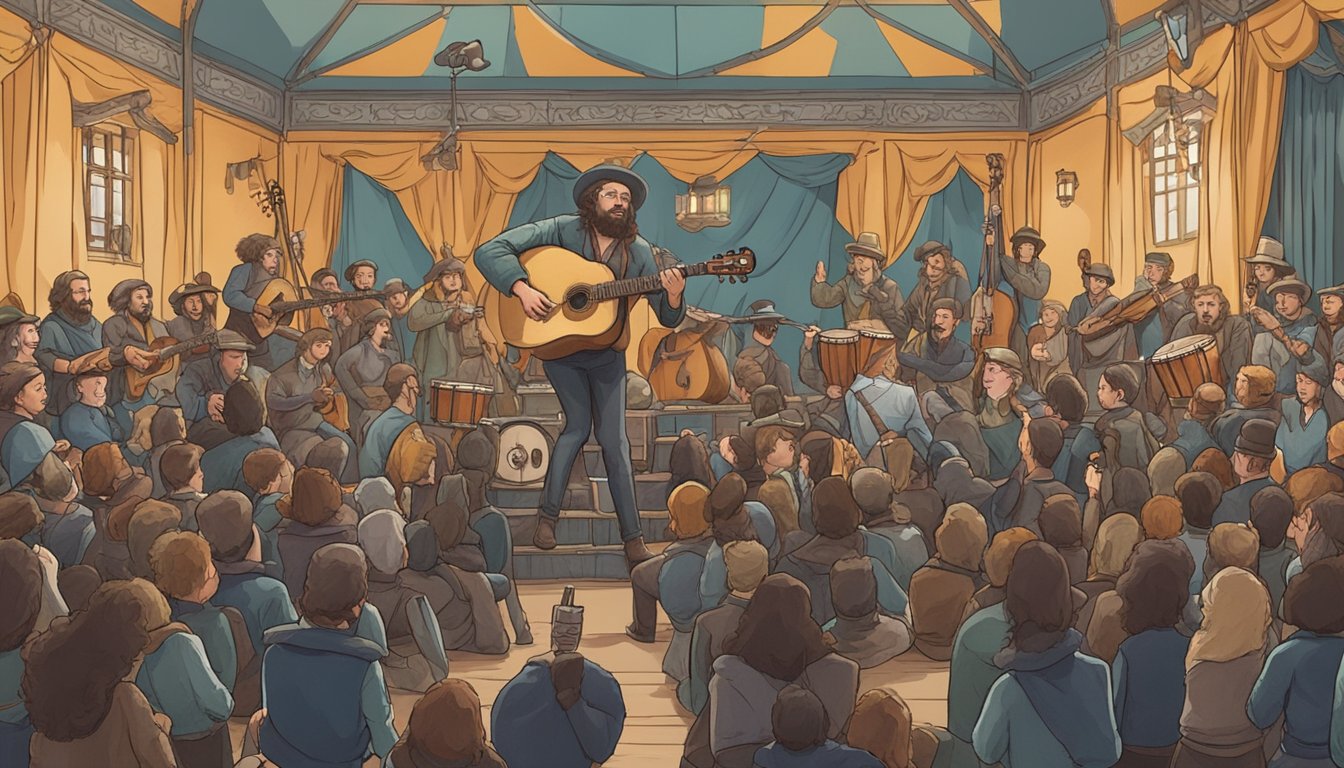 A lone troubadour performs on stage, surrounded by instruments and a cheering crowd