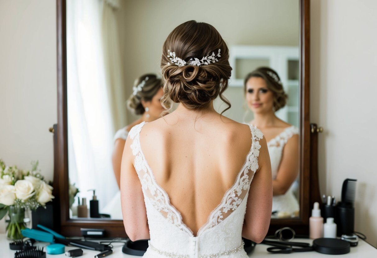 A bride sits in front of a mirror, surrounded by hair accessories and styling tools. Her hair is elegantly pinned up, with loose curls framing her face