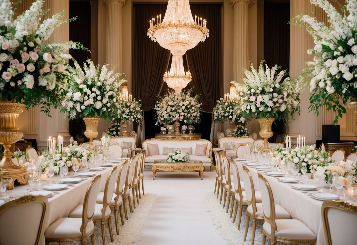 A lavish wedding venue with grand decorations, elegant floral arrangements, and opulent furniture, reflecting the extravagant cost of Princess Diana's wedding