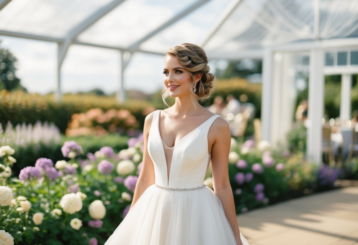 A bride standing in a garden venue with blooming flowers, wearing a flowing gown. Her hair is styled in an elegant updo, with loose curls framing her face