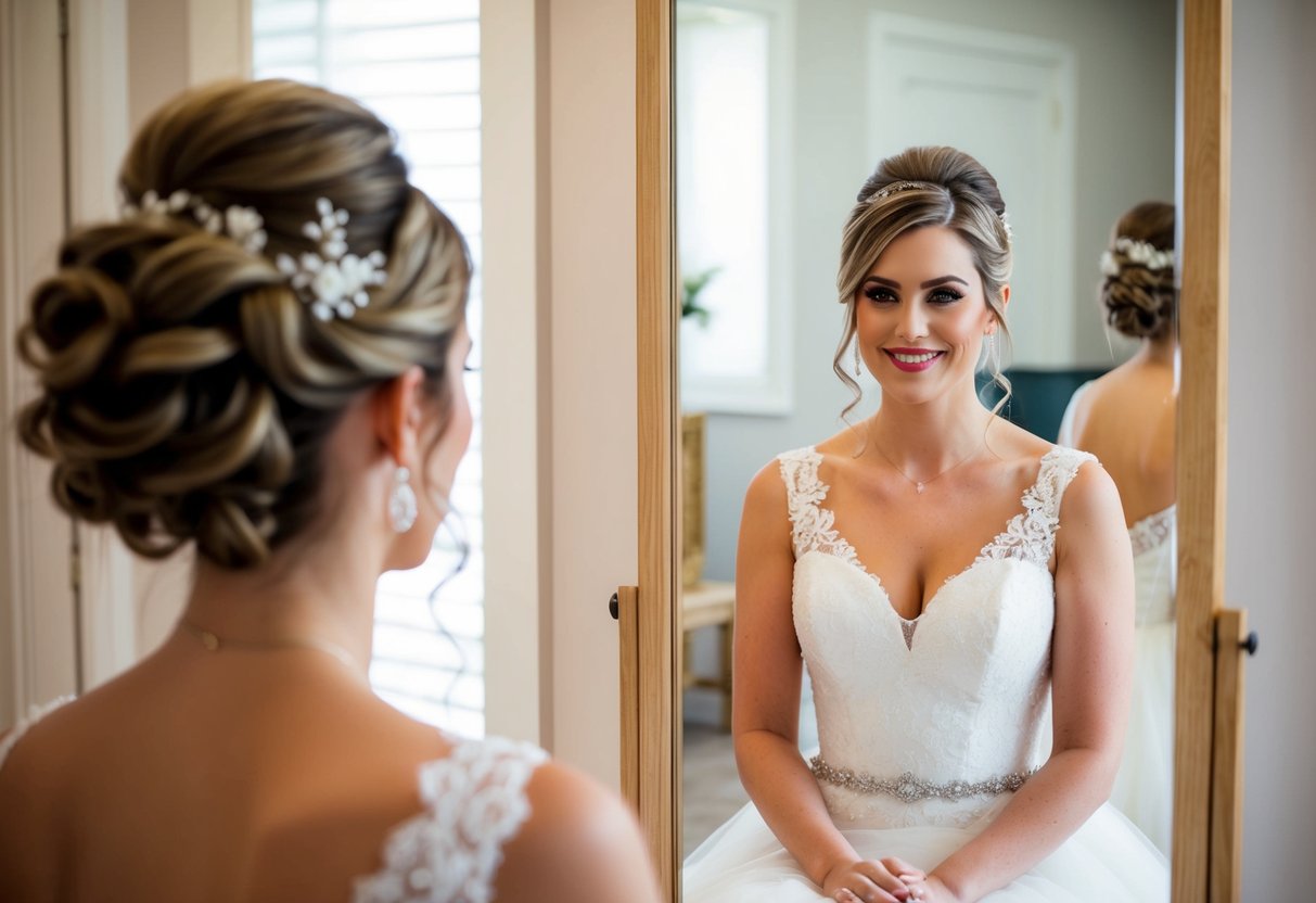 A bride sitting in front of a mirror, wearing a wedding dress, with her hair styled up in an elegant and comfortable updo