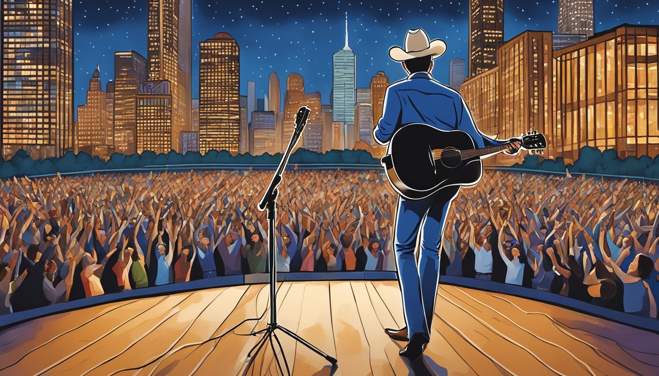 George Strait performing on stage in Chicago, surrounded by cheering fans and a backdrop of city lights