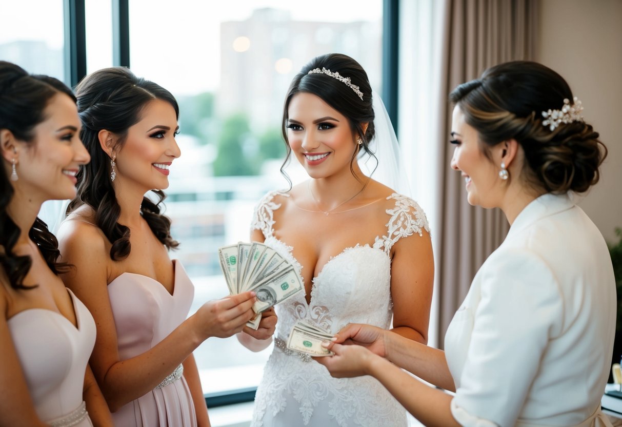 A bride handing over money to a makeup artist and hairstylist for bridesmaids