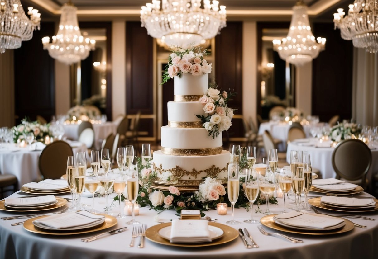 A lavish wedding venue with elegant decor, flowers, and a grand cake, surrounded by expensive champagne and luxurious dining settings