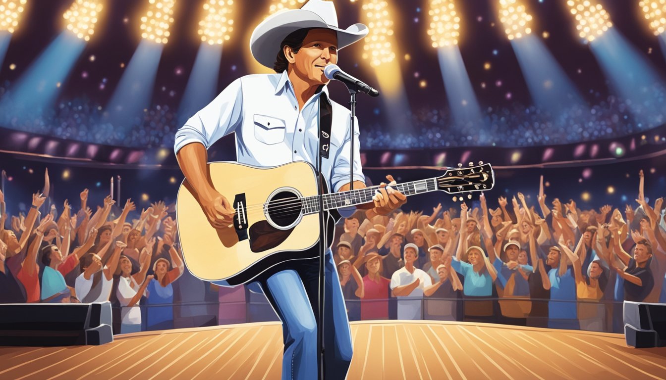 A young George Strait performing on stage, surrounded by cheering fans and bright stage lights