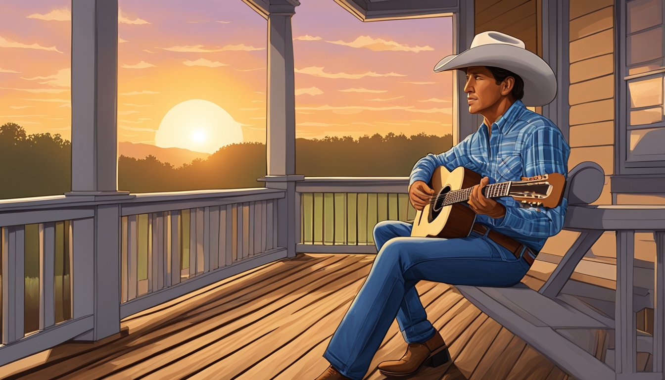 A young George Strait playing guitar on a porch swing at sunset