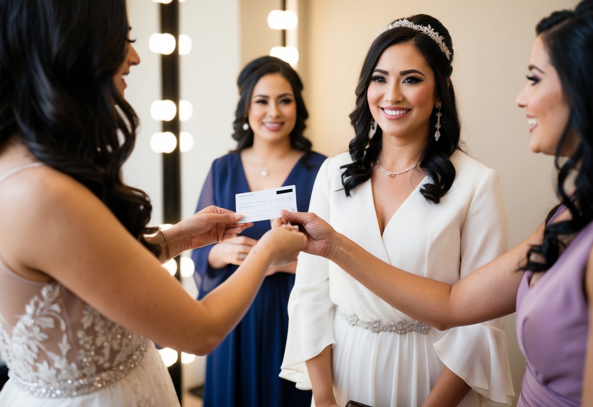 A bride handing a payment to a makeup artist and hairstylist for bridesmaids' beauty services