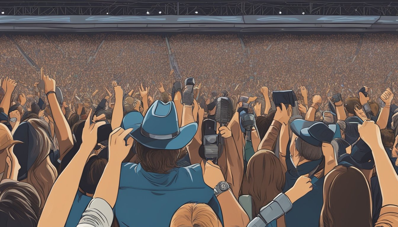 A stage with two microphones, one for Chris Stapleton and one for George Strait, surrounded by a cheering crowd