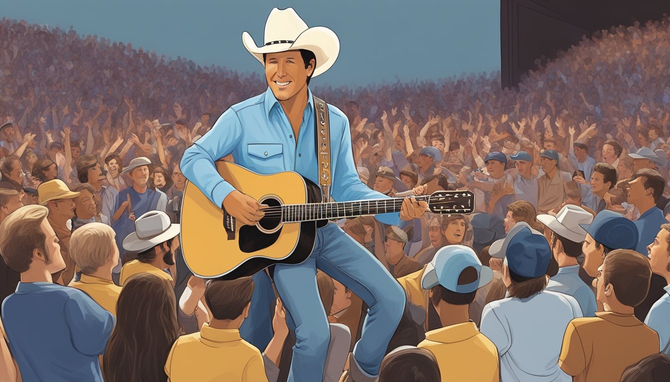 A young George Strait performing on a small stage, surrounded by adoring fans and fellow musicians