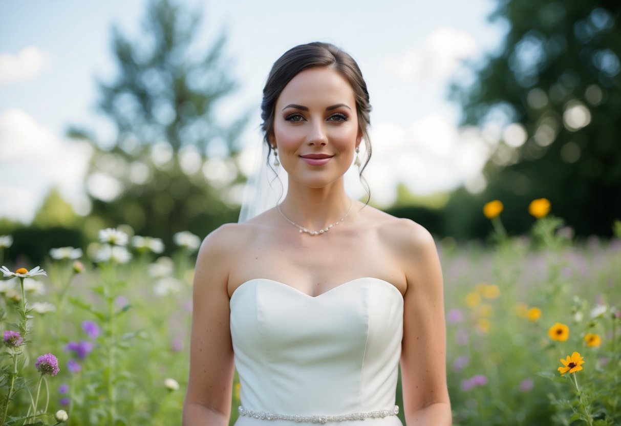 A bride in a simple white gown, standing in a garden with wildflowers, her face natural and glowing