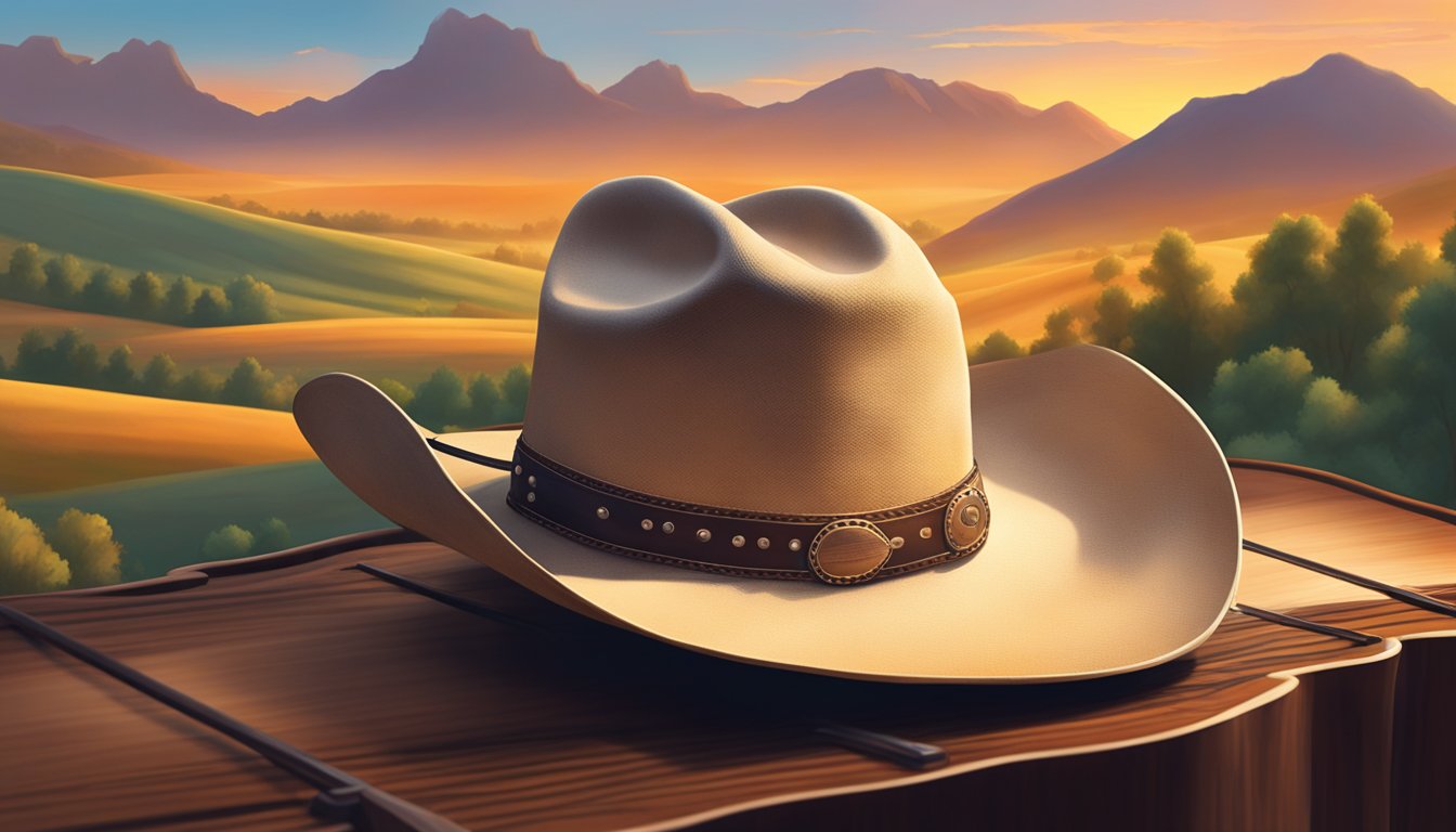 A cowboy hat resting on a guitar with a backdrop of rolling hills and a setting sun