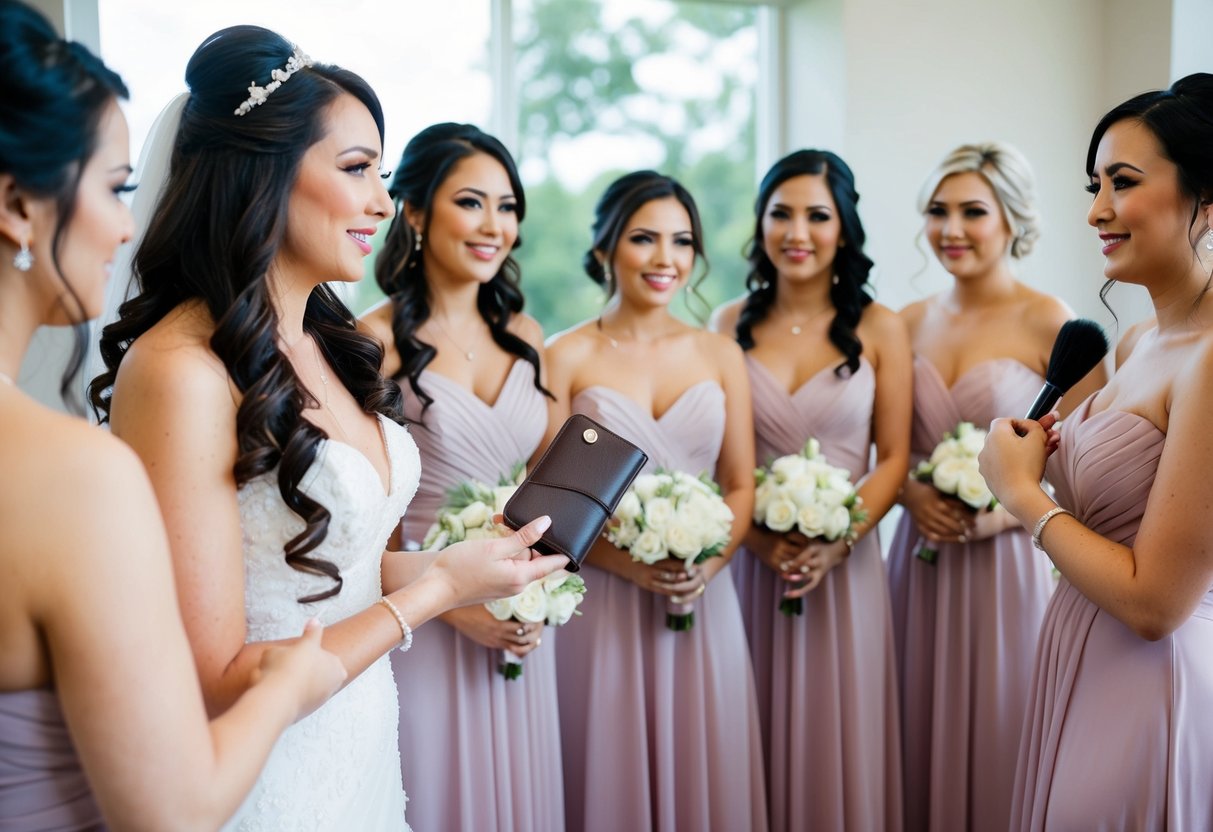 A bride holds a wallet and gestures towards a group of bridesmaids. A makeup artist and hairstylist stand nearby, waiting for direction