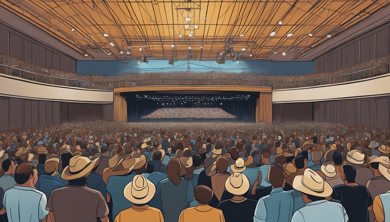 A crowded concert venue with a stage featuring a live performance by a George Strait tribute band in Chicago