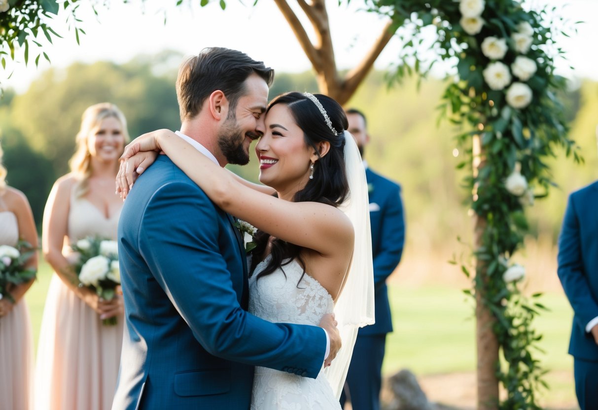 A serene outdoor wedding ceremony with natural decor and soft lighting, showcasing a bride and groom embracing each other with genuine joy and love