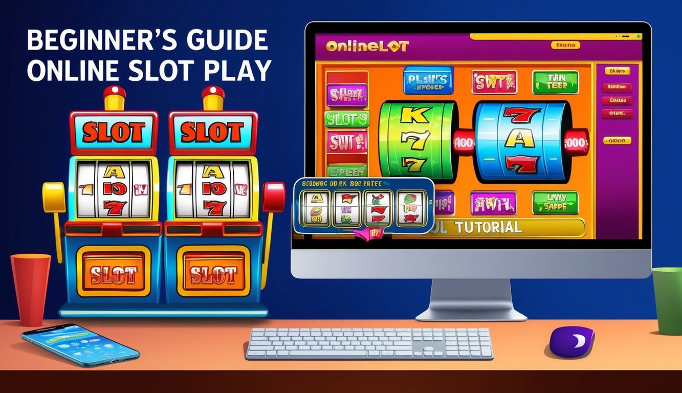 Panduan pemula untuk bermain slot online, dengan mesin slot berwarna-warni dan tutorial yang membantu ditampilkan di layar komputer